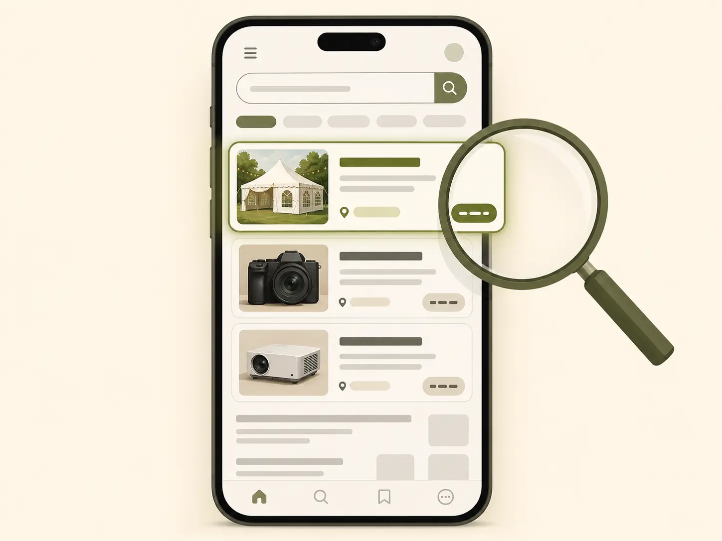 Smartphone zeigt lokale Google-Suchergebnisse für Mietartikel wie Partyzelt und Beamer
