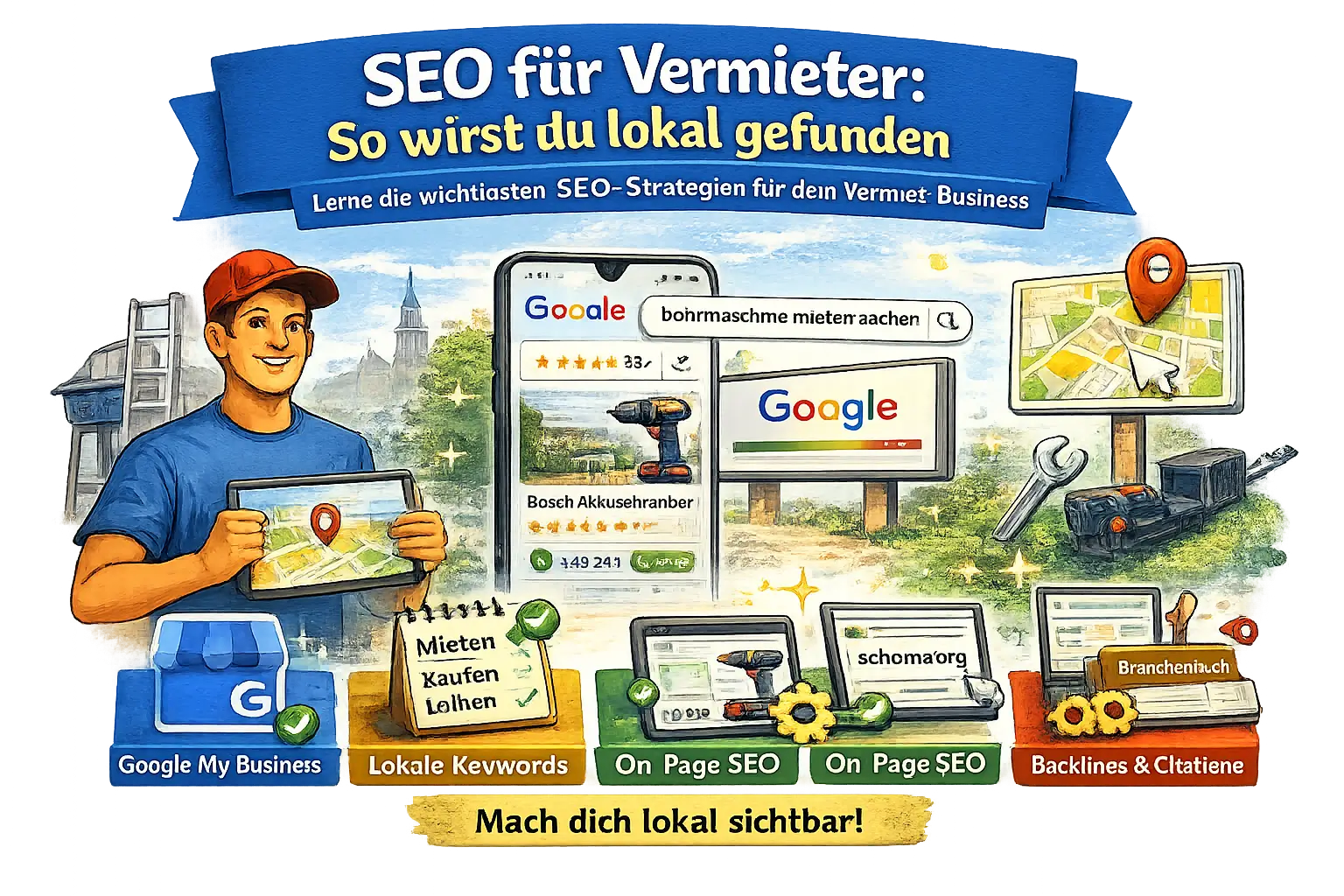 Illustration von lokaler SEO und Sichtbarkeit auf einer Karte